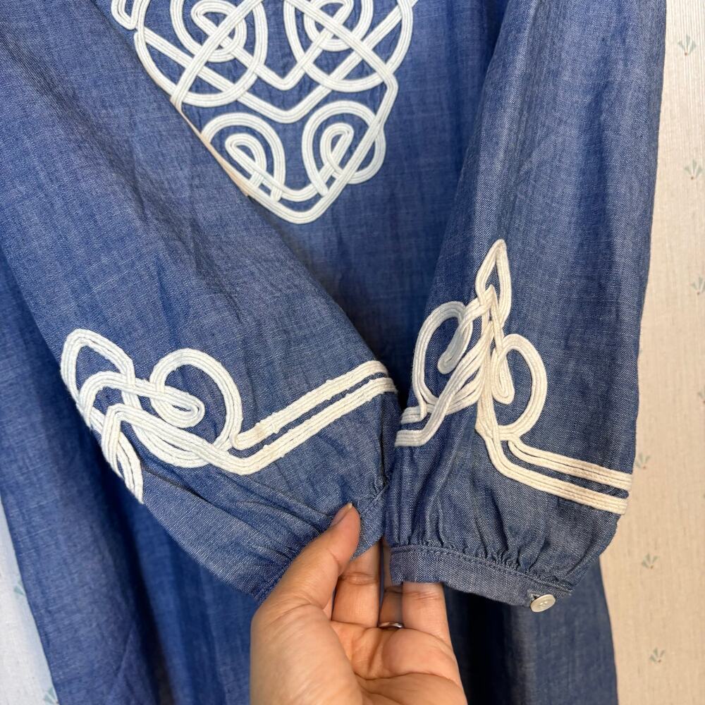 J McLaughlin Pansy Chambray Tunic Midi Dress XS Embroidered Side Slits Coastal - Picture 8 of 13